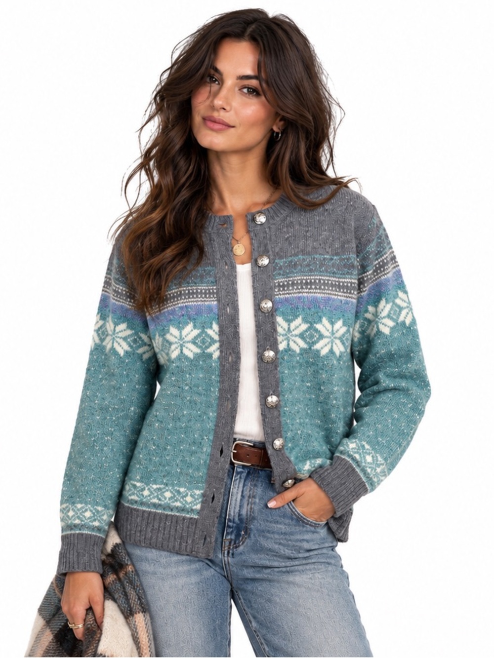 Vintage Fall River Knitting Mills Nordic Fair Isle Snowflake Wool Cardigan L